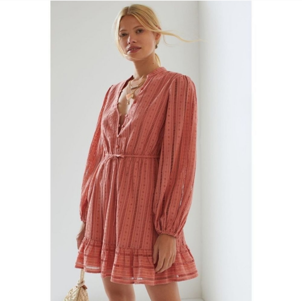 Anthropologie Coral Eyelet Long-Sleeve Mini Dress